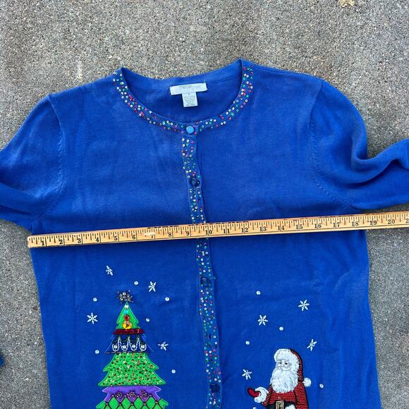 Vintage Blue Light Weight Christmas Cardigan Sweater Santa Presents Tree SMALL - Picture 9 of 9